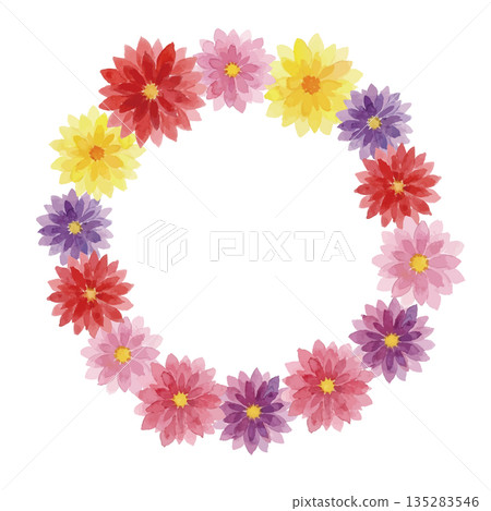 水彩風格大麗花插畫邊框 135283546