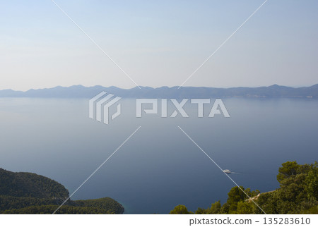 Panoramic High Angle View from Sveti Ivan on Peljesac towards Mljet Island Panoramic High Angle View from Sveti Ivan on Peljesac towards Mljet Island 135283610