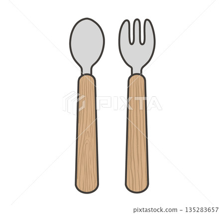 Illustration of a children's spoon fork with a wooden handle Illustration of a children's spoon fork with a wooden handle 135283657