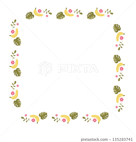 Vibrant vector frame featuring bananas, monstera leaves, and delicate pink flowers on white background, with space for text in the center. For tropical-themed designs cards, invitations, and menus Vibrant vector frame featuring bananas, monstera leaves, and delicate pink flowers on white background, with space for text in the center. For tropical-themed designs cards, invitations, and menus 135283741