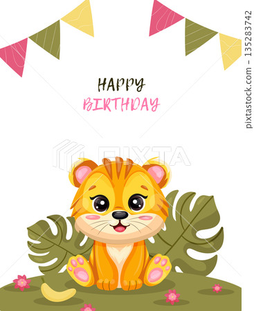Children birthday card template with a cute tiger cub sitting on a background of tropical leaves, bananas, and pink flowers with triangular multicolored flags, white background, vector illustration. Children birthday card template with a cute tiger cub sitting on a background of tropical leaves, bananas, and pink flowers with triangular multicolored flags, white background, vector illustration. 135283742