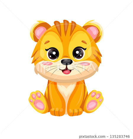 Cute cheerful cartoon tiger cub with large expressive eyes, orange stripes, sitting in playful pose, smile. Animal isolated on white background. For kids nursery decor and friendly character designs. 135283746