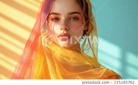 Woman wrapped in a veil - Film-like grain processing 135283762