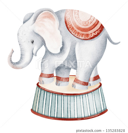 Watercolor illustration of a cartoon elephant standing on a circus podium. Suitable for children's books, cards, and nursery art. Features hand-drawn style and isolated background. Watercolor illustration of a cartoon elephant standing on a circus podium. Suitable for children's books, cards, and nursery art. Features hand-drawn style and isolated background. 135283828