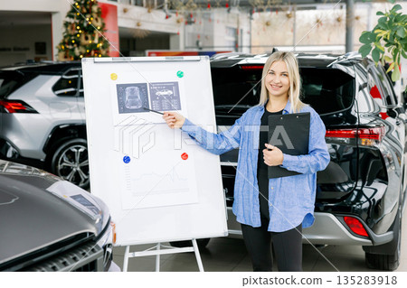 Saleswoman presenting technical data and charts on whiteboard in car dealership Saleswoman presenting technical data and charts on whiteboard in car dealership 135283918