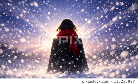 一個人的背影,凝視著雪中的光亮。冬日裡的希望與寂靜。 一個人的背影,凝視著雪中的光亮。冬日裡的希望與寂靜。 135283987