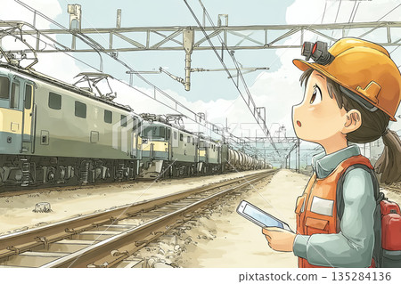A female worker inspecting a freight train | A site supporting railway logistics and social infrastructure 135284136