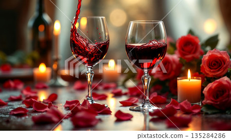 Red wine pouring into a glass, surrounded by rose petals, candles, and roses for a romantic celebration. Valentines Day concept 135284286
