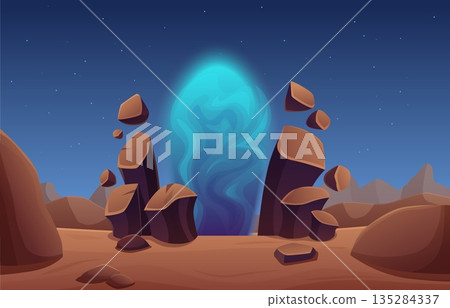 Fantasy portal background. Entrance from liquid glowing plasma in foreign planet desert, sand landscape. Futuristic gate other world, sapid vector scene Fantasy portal background. Entrance from liquid glowing plasma in foreign planet desert, sand landscape. Futuristic gate other world, sapid vector scene 135284337