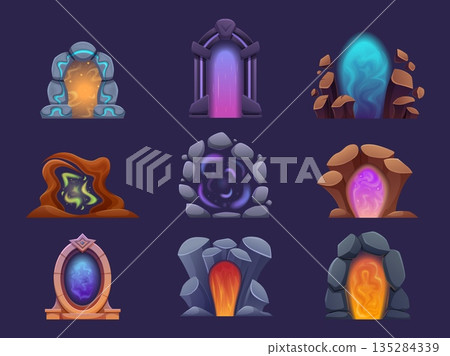 Fantasy magic portals. Shining game gates, teleports with arches from stones. Futuristic entrances for alien, in other worlds or dimensions sapid vector set 135284339