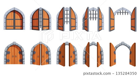 Old castle door with iron lattice. Medieval doors opening process step by step. Gates in palace, dungeon entrance. Passage to cellar, gateway sapid vector scene Old castle door with iron lattice. Medieval doors opening process step by step. Gates in palace, dungeon entrance. Passage to cellar, gateway sapid vector scene 135284350