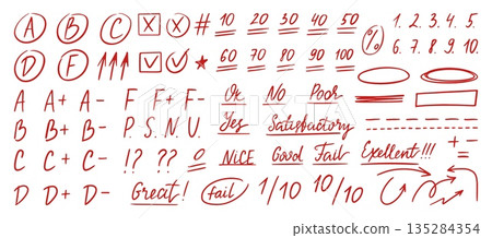 Test red pen marks. Teacher scores for homework or exam, numbers, words, letters. School college university score doodle hand drawn style, neoteric vector set Test red pen marks. Teacher scores for homework or exam, numbers, words, letters. School college university score doodle hand drawn style, neoteric vector set 135284354