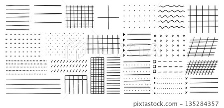 Doodle line grids for notes. Pencil drawing lines for notebook, note sheets, bullet journal. Mark list templates, checklist textures, hand drawn neoteric vector design 135284357