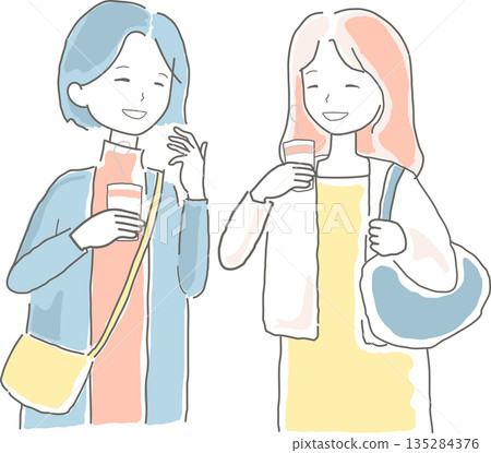 描繪女性享受旅行和購物的插圖 描繪女性享受旅行和購物的插圖 135284376