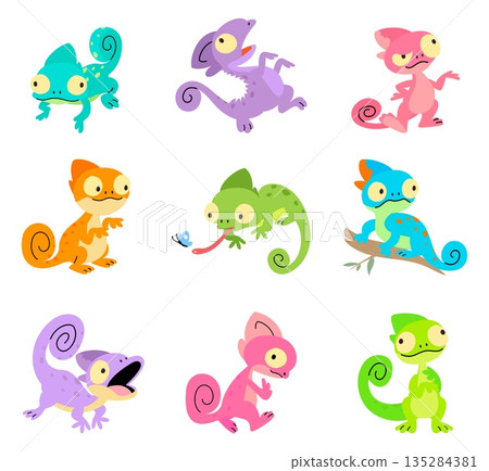 Cartoon chameleon. Vibrant funny chameleons different poses. Wild salamander with insect, hunting, sitting on tree branch. Wildlife characters nowaday vector set 135284381