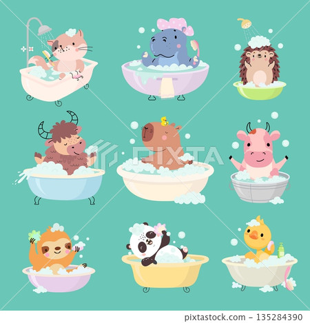 Animal bath. Animals relaxing in bathtub with soap bubbles, shampoo, water. Washing time, cat hippo panda washing. Children mascots, nowaday vector set Animal bath. Animals relaxing in bathtub with soap bubbles, shampoo, water. Washing time, cat hippo panda washing. Children mascots, nowaday vector set 135284390