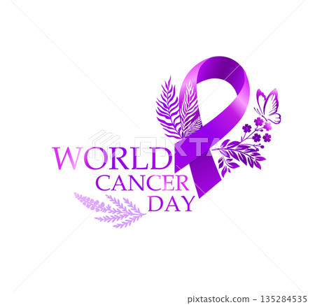 violet cancer ribbon or badge icon. The sign of cancer awareness Hand drawn. Not AI, vector illustration. 135284535