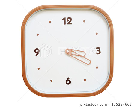 Minimalist wooden square wall clock isolated on white background showing 03:20 or 15:20 135284665