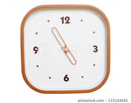 Minimalist wooden square wall clock isolated on white background showing 04:55 or 16:55 135284685