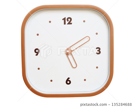 Minimalist wooden square wall clock isolated on white background showing 05:10 or 17:10 135284688