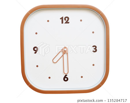 Minimalist wooden square wall clock isolated on white background showing 07:30 or 19:30 135284717