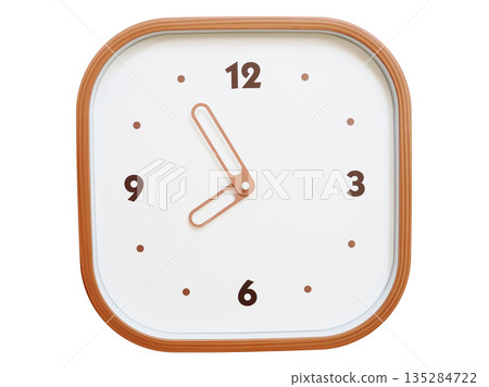 Minimalist wooden square wall clock isolated on white background showing 07:55 or 19:55 135284722