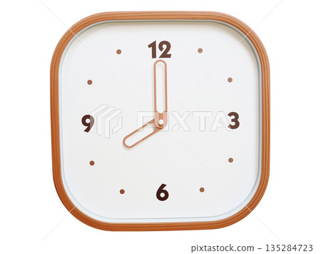 Minimalist wooden square wall clock isolated on white background showing 08:00 or 20:00 135284723