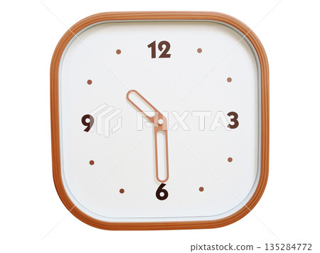 Minimalist wooden square wall clock isolated on white background showing 10:30 or 22:30 135284772