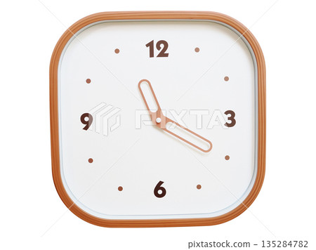 Minimalist wooden square wall clock isolated on white background showing 11:20 or 23:20 135284782