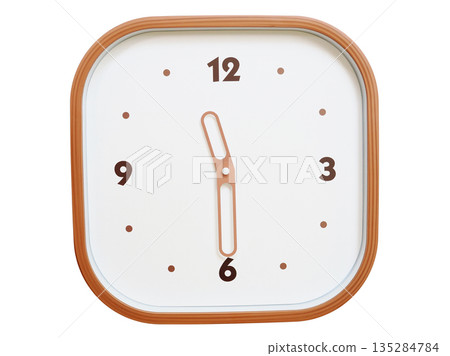 Minimalist wooden square wall clock isolated on white background showing 11:30 or 23:30 135284784