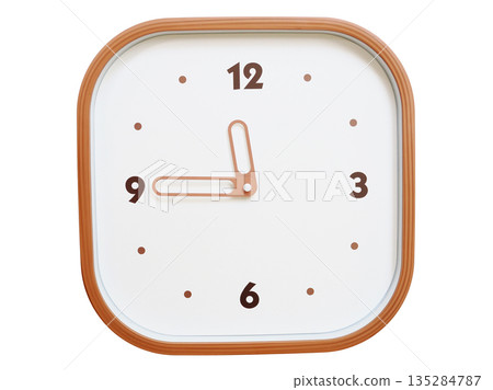 Minimalist wooden square wall clock isolated on white background showing 11:45 or 23:45 Minimalist wooden square wall clock isolated on white background showing 11:45 or 23:45 135284787