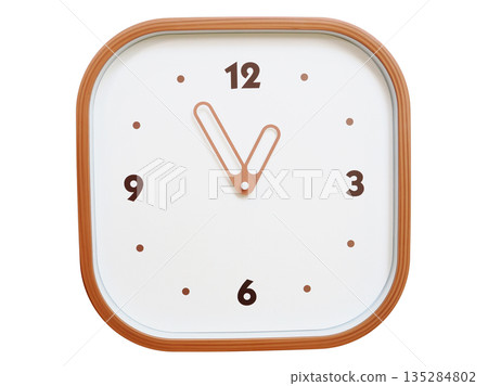 Minimalist wooden square wall clock isolated on white background showing 00:55 or 12:55 135284802