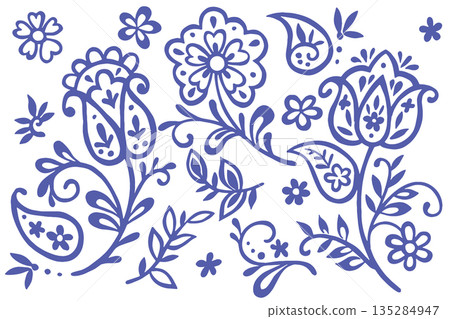 set of folk floral ornaments. Blue oriental style patterns, flowers, and paisley. 135284947