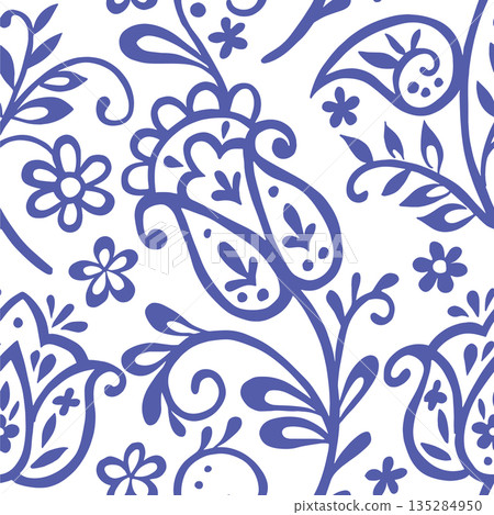 Seamless pattern with folk floral ornament. Blue oriental print, flowers, and paisley. Seamless pattern with folk floral ornament. Blue oriental print, flowers, and paisley. 135284950