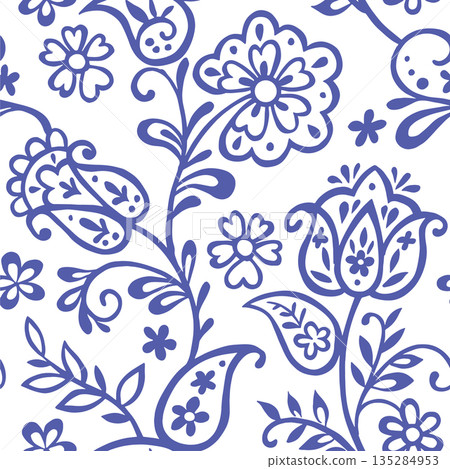 Seamless pattern with folk floral ornament. Blue oriental print, flowers, and paisley. Seamless pattern with folk floral ornament. Blue oriental print, flowers, and paisley. 135284953