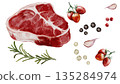 Fresh meat with spices, big watercolor set. Food clip art. Beef steak on a white background with rosemary, garlic, and three types of pepper. Perfect for butcher shop signs, restaurant menus, and 135284974