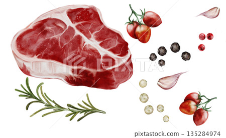 Fresh meat with spices, big watercolor set. Food clip art. Beef steak on a white background with rosemary, garlic, and three types of pepper. Perfect for butcher shop signs, restaurant menus, and 135284974
