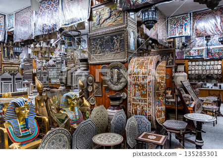 Egyptian souvenirs displayed in the window of the store for tourists in Cairo 135285301