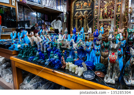 Egyptian souvenirs displayed in the window of the store for tourists in Cairo Egyptian souvenirs displayed in the window of the store for tourists in Cairo 135285304