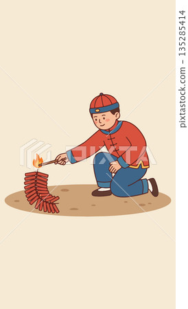 Boy Lighting Firecrackers for Chinese New Year 135285414