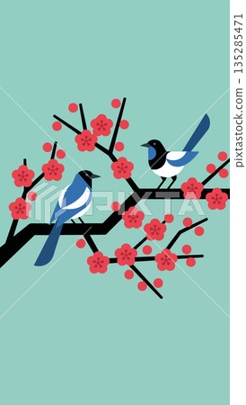 Magpies on a Blossoming Branch Magpies on a Blossoming Branch 135285471