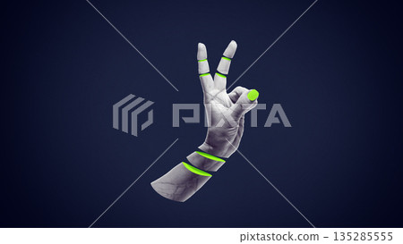 Digital artwork of human hand making victory gesture with neon green accents. Digital artwork of human hand making victory gesture with neon green accents. 135285555