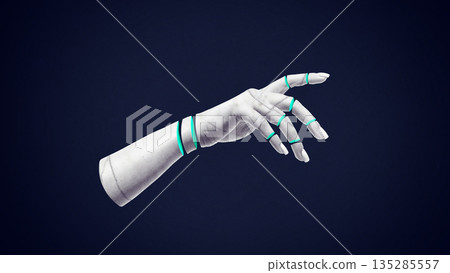 Futuristic mixed media of reaching human hand with glowing graphic elements. 135285557