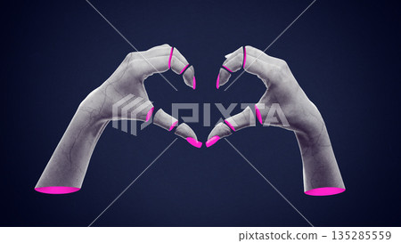 Mixed media composition of fragmented hands forming heart shape. Mixed media composition of fragmented hands forming heart shape. 135285559