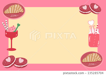 Valentine's Day Sweet Treats Frame with Croissants, Macarons, and Strawberry Juice Valentine's Day Sweet Treats Frame with Croissants, Macarons, and Strawberry Juice 135285704
