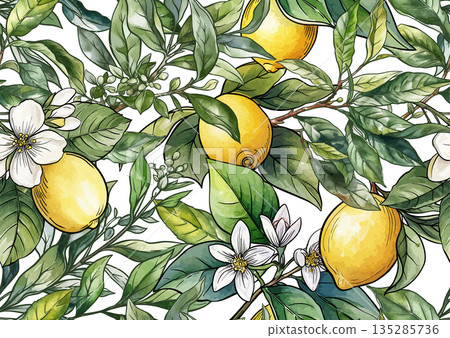 Lemons and tea botanical seamless pattern Lemons and tea botanical seamless pattern 135285736