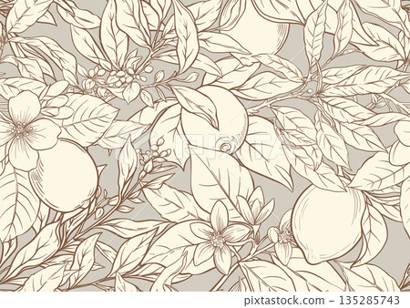 Lemons and tea leaves seamless coloring page 135285743