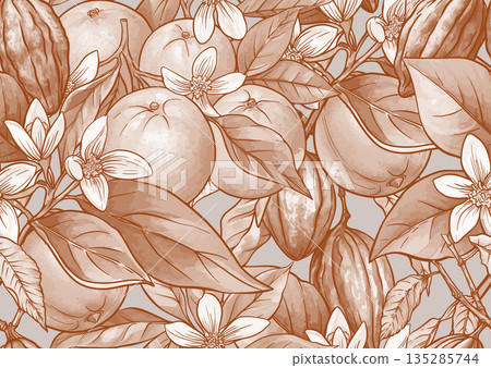 Oranges, cacao pods seamless botanical pattern Oranges, cacao pods seamless botanical pattern 135285744