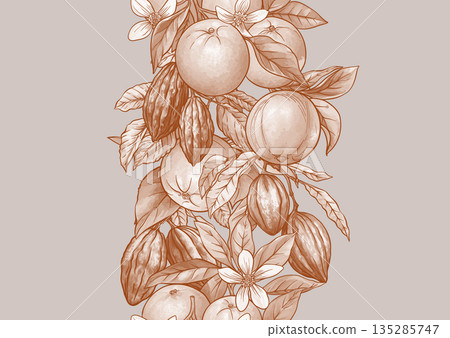Oranges, cacao pods seamless botanical pattern Oranges, cacao pods seamless botanical pattern 135285747