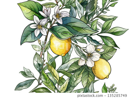 Lemons and tea botanical seamless pattern Lemons and tea botanical seamless pattern 135285749